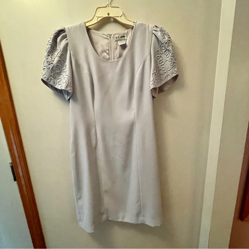 K.C. Studio Sheath Dress Gray Beaded sleeves Sz 12